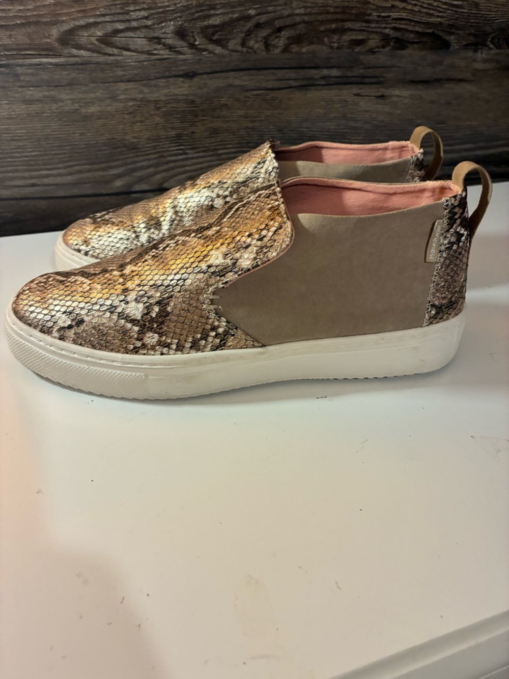 Hey Dude Slip-On Sneakers in Snake Print, Taupe & Pink Lining